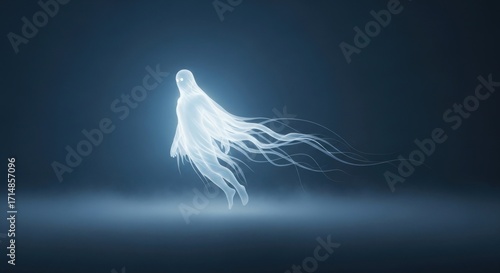 Ethereal spirit floats in a dark blue space with glowing eyes