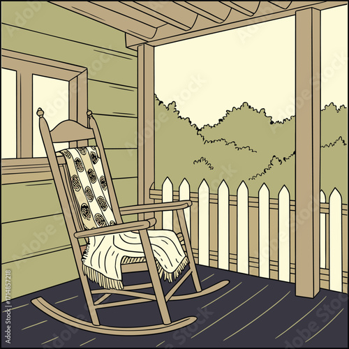 Cozy rocking chair on a wooden porch with a picket fence and trees in the background