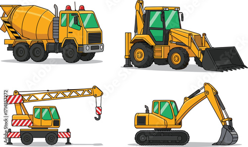Cartoon construction vehicle set, cement mixer backhoe crane excavator, yellow machinery illustration, civil engineering tools, industrial equipment vector clipart