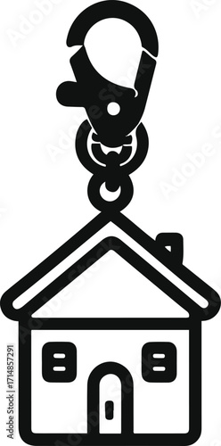 Black bold outline with white background, Black bold outline with white background, Minimal line drawing of keychain with house-shaped charm