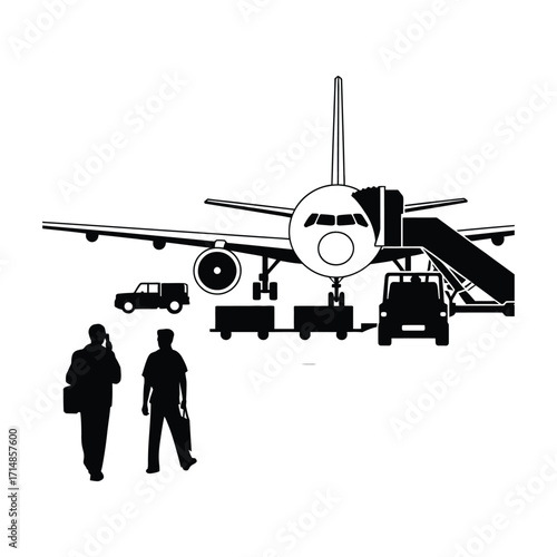 Airport tarmac silhouette with commercial aircraft, boarding bridge, ground crew, and service vehicles black and white vector illustration