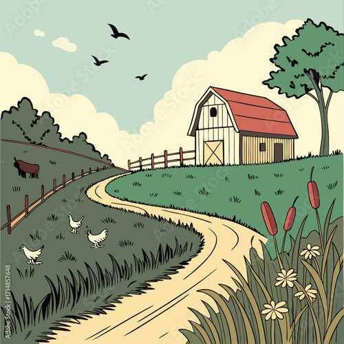 Charming rural landscape with barn country road and farm animals art