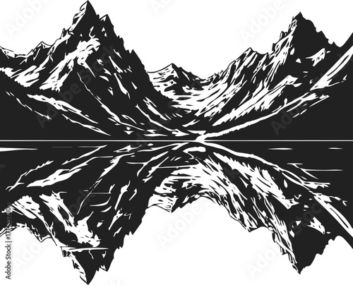 Black bold outline with white background, Black bold outline with white background, Outline of mountain range reflected in lake, mirror view