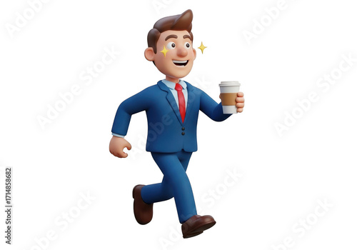 3d businessman running with coffee cup energetic business character