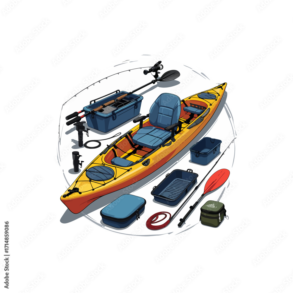 Naklejka premium Kayak Fishing Setup: Gear & Accessories for Anglers