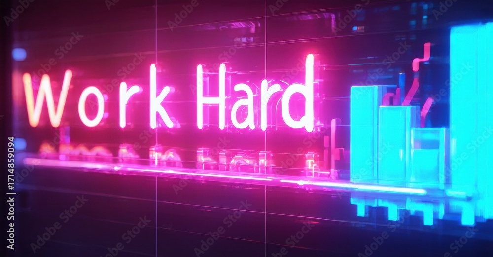 Fototapeta premium Neon sign displays Work Hard. Vibrant pink glows against dark background. Futuristic city skyline visible behind text.