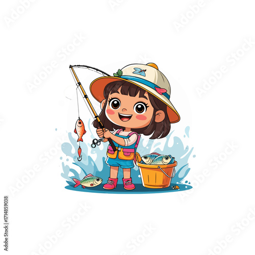 Cute Cartoon Girl Fishing | Happy Child with Catch