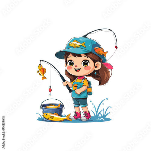 Cute Cartoon Girl Fishing | Happy Kids Fishing Illustration