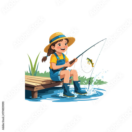 Cute-Girl-Fishing-Cartoon-Illustration