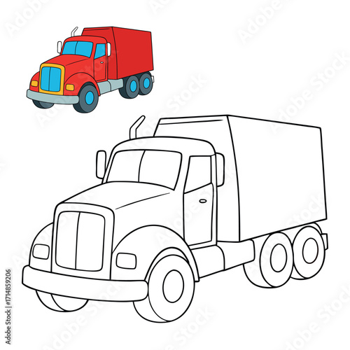 A bold heavy truck coloring page featuring a powerful, detailed truck ready for work, perfect for kids and adults to color and bring the mighty vehicle to life.
