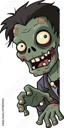 Cartoon zombie character peeking from side with creepy expression in tattered suit for Halloween and horror themesCartoon zombie character peeking from side with creepy expression 