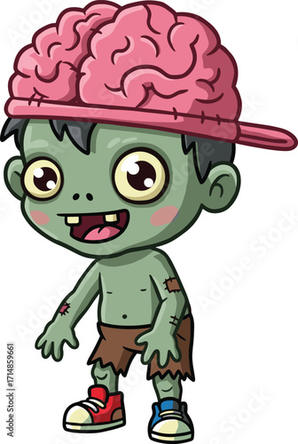 Cartoon zombie child wearing brain cap and mismatched shoes smiling in tattered clothes for Halloween vector illustrationCartoon zombie child wearing brain cap and mismatched shoes smiling in 