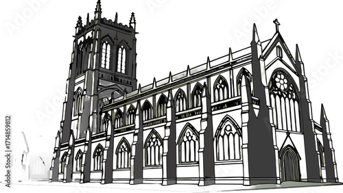 Illustration of a large gothic church with a tall tower and pointed arched windows on a white background