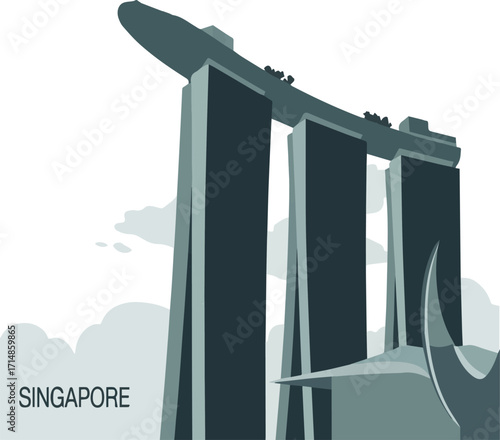 Singapore Marina Bay Sands building illustration with clouds and text architecture landmark