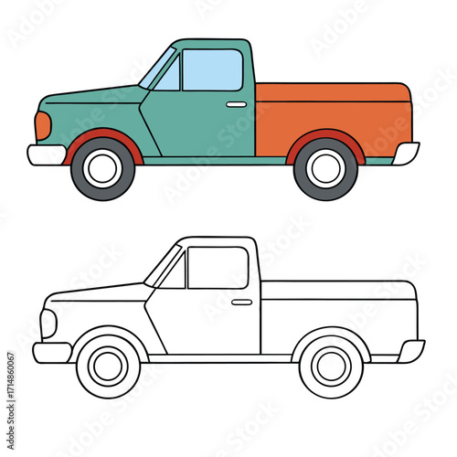A fun side-view of a pickup truck coloring page featuring detailed wheels, body, and cargo area, perfect for kids and truck enthusiasts to color and enjoy.
