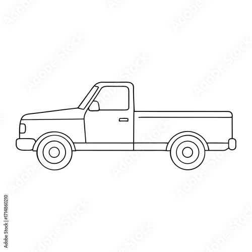 A fun side-view of a pickup truck coloring page featuring detailed wheels, body, and cargo area, perfect for kids and truck enthusiasts to color and enjoy.
