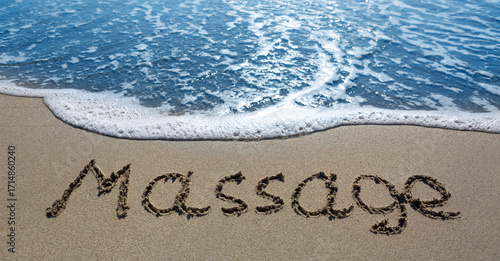 Word massage handwritten on the caribbean sand.
