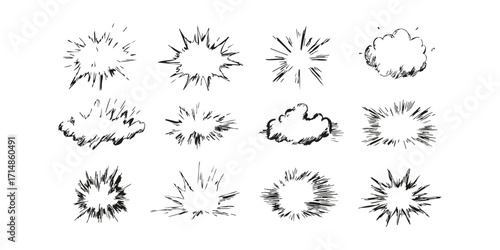 Comic Explosion And Cloud Burst Effects Set. Dynamic Action Elements For Graphic Design. Isolated Vector Illustration