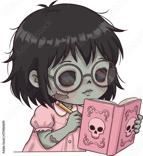 Cartoon zombie girl with glasses reading skull book in pink dress for Halloween, horrorCartoon zombie girl with glasses reading skull book in pink dress for Halloween, horror