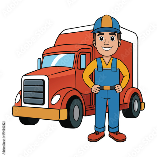 A cheerful cartoon truck driver waves from his cab, wearing a cap and smiling, bringing a friendly, lively vibe to the road in this playful illustration.
