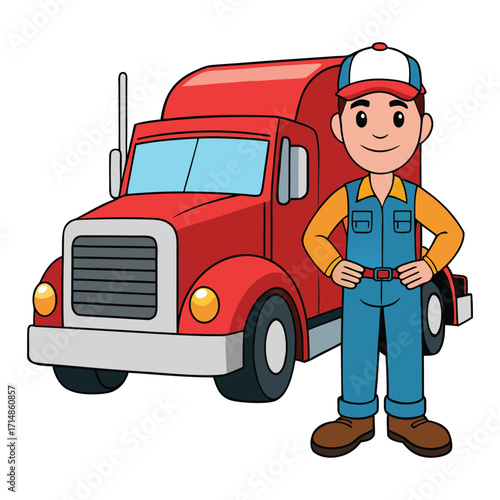 A cheerful cartoon truck driver waves from his cab, wearing a cap and smiling, bringing a friendly, lively vibe to the road in this playful illustration.
