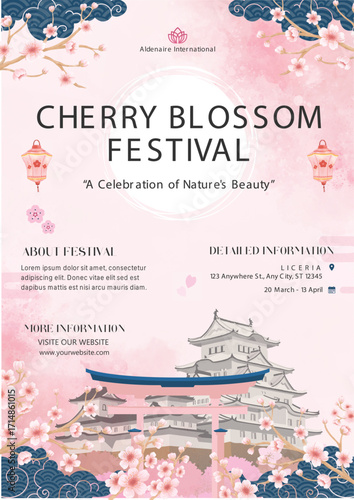 Cherry Blossom Festival Flyer with Castle Torii Gate