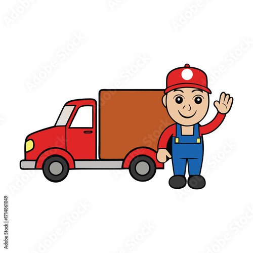 A cheerful cartoon truck driver waves from his cab, wearing a cap and smiling, bringing a friendly, lively vibe to the road in this playful illustration.
