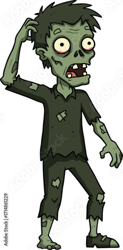 Cartoon zombie scratching head in ripped clothes with confused expression for Halloween, horror, and spooky vector themesCartoon zombie scratching head in ripped clothes with confused expression 