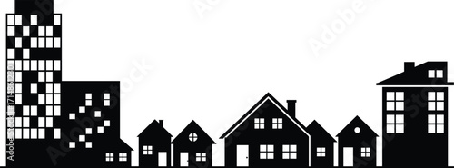 City and house silhouette, black urban architecture vector, residential building graphic, mixed skyline design, minimal home and tower icons