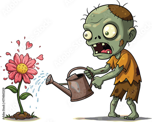 Cartoon zombie watering flower with heart symbols in tattered clothes for Halloween, horror,Cartoon zombie watering flower with heart symbols in tattered clothes for Halloween, horror,