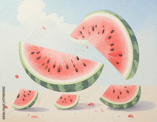 Watermelon slices in mid-air