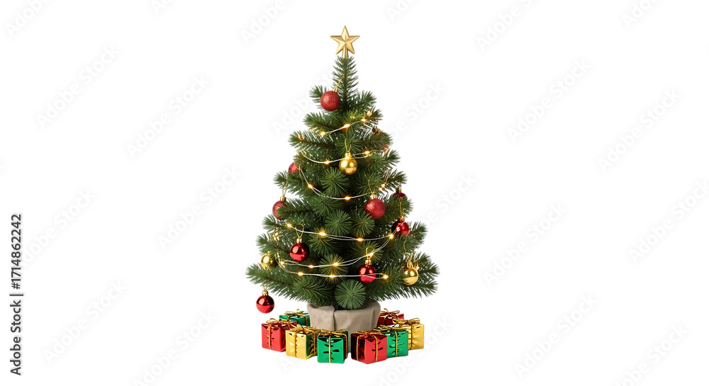 Naklejka premium Decorated christmas tree with lights ornaments and gifts on black background holiday season festive mood transparent background