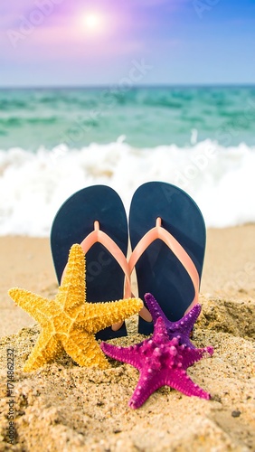 Flip-flops on sandy beach with starfish
