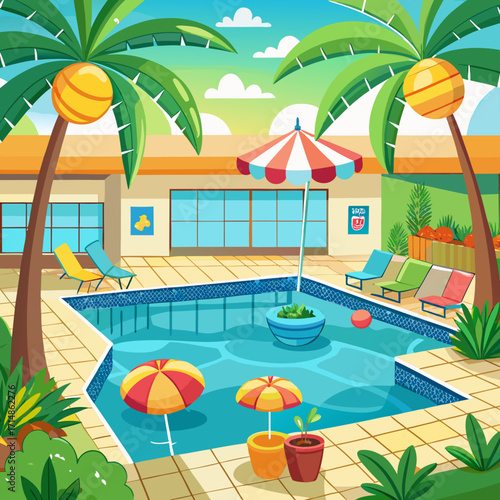 Tropical villa indoor swimming pool cartoon vector illustration fun vacation family leisure