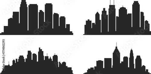 City skyline silhouette icons, urban architecture, black building shapes, modern cityscape, vector design, metropolitan skyline, isolated elements, architectural diversity