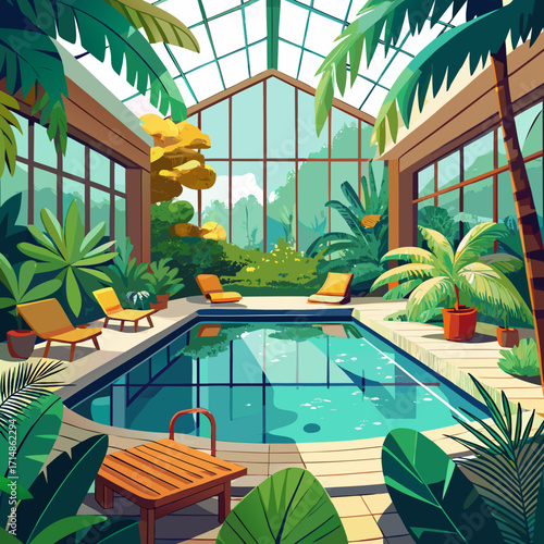 Tropical indoor pool oasis serene sunlit glasshouse lush greenery relaxing getaway