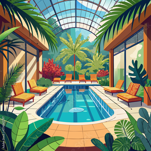 Vibrant indoor pool oasis tropical greenhouse lush plants relaxation getaway vector illustration