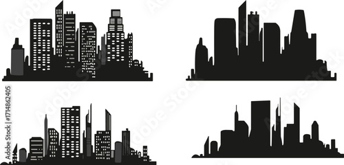 City skyline silhouette set, urban building graphic, modern architecture icons, black skyline illustration, construction design vector, metropolitan clipart pack