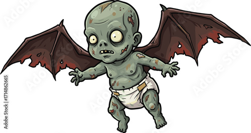 Zombie Baby with Bat Wings Flying in Diaper, Creepy and Cute Cartoon Horror Character, Spooky Child Demon DesignZombie Baby with Bat Wings Flying in Diaper, Creepy and Cute Cartoon Horror 