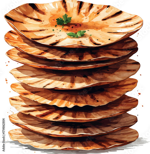 Watercolor vector of grilled papad stack, traditional Indian crispy side dish, isolated