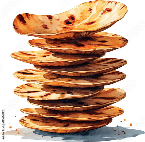 Watercolor vector of grilled papad stack, traditional Indian crispy side dish, isolated