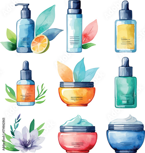 Watercolor vector skincare steps icons – mask, serum, moisturizer routine set, isolated
