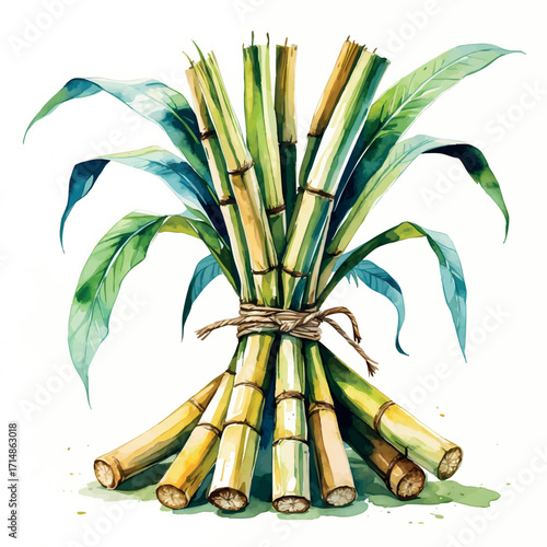 Watercolor vector of sugarcane stalks bundle, fresh traditional harvest, isolated on white