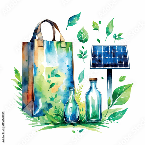 Watercolor vector icons for sustainable lifestyle – reusable items, solar panel and eco symbols, isolated