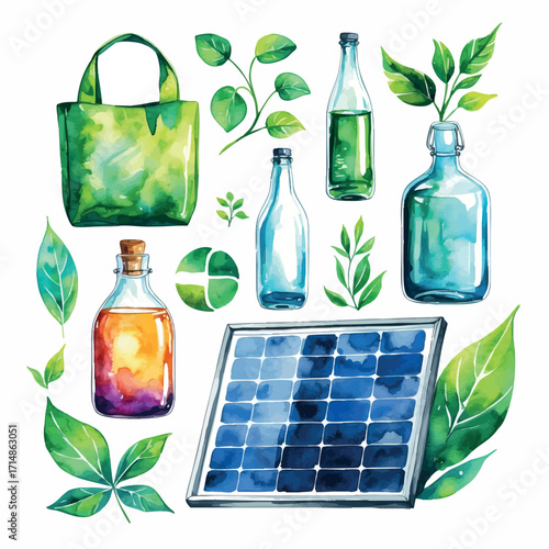 Watercolor vector icons for sustainable lifestyle – reusable items, solar panel and eco symbols, isolated