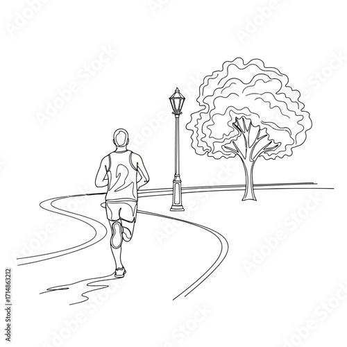 Man running on a park path with a tree and lamppost