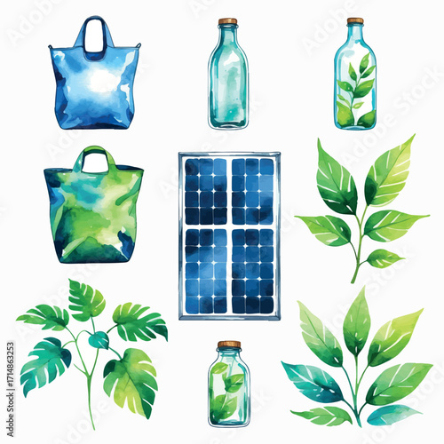 Watercolor vector icons for sustainable lifestyle – reusable items, solar panel and eco symbols, isolated