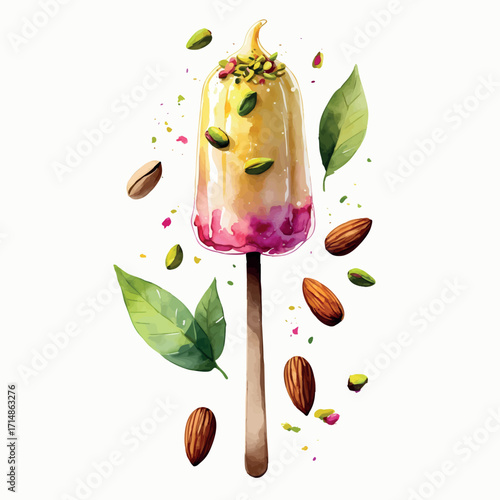 Watercolor vector of Indian kulfi on stick with pistachio and almond, isolated on white