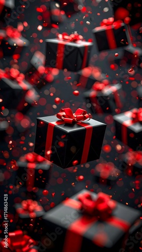 Floating black gift boxes with red ribbons in a dark background