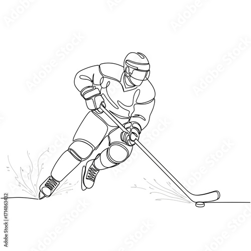 Continuous line drawing of a hockey player in action